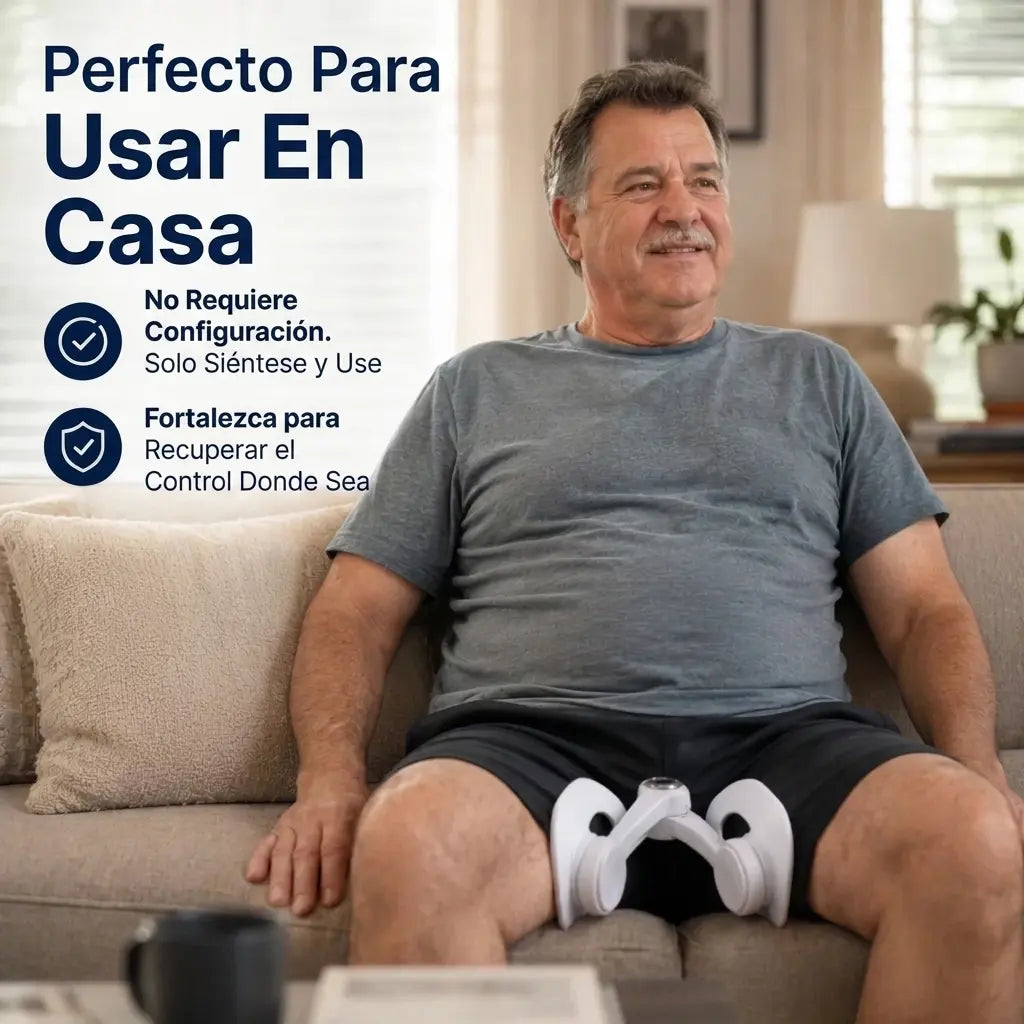 Hombre usando el entrenador Hermios sentado en el sofá de su casa